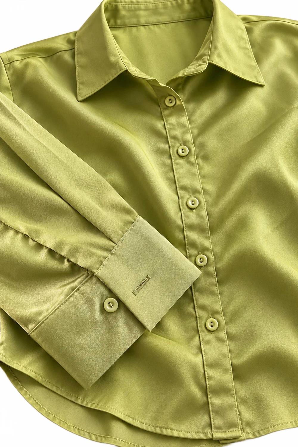 Women's Classic Satin Button Down Shirt In Lime