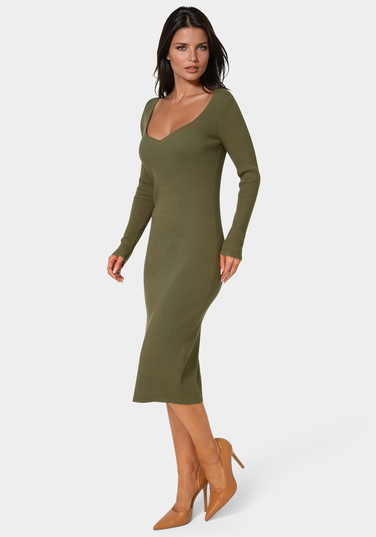 Long Sleeve V-neck Midi Sweater Dress