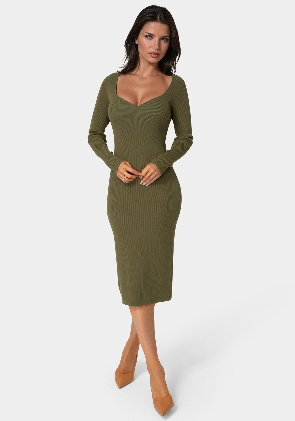 Long Sleeve V-neck Midi Sweater Dress