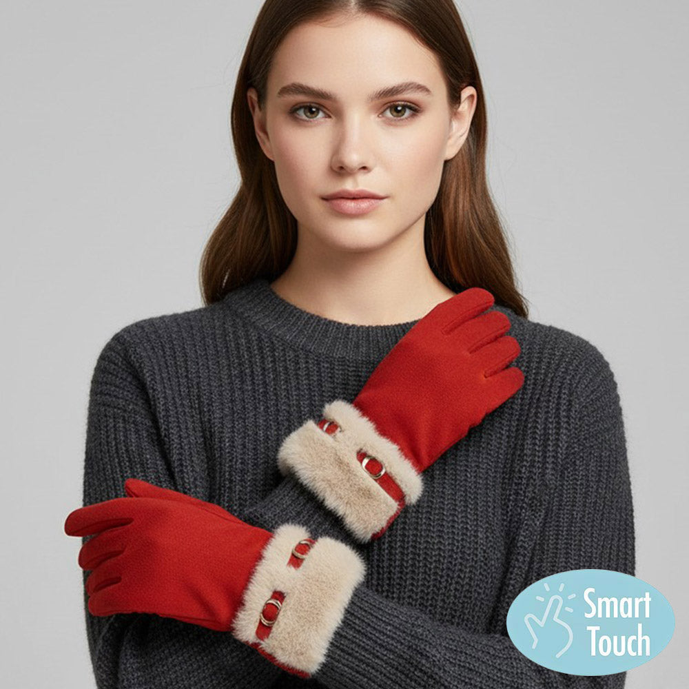 Belt Accent Faux Fur Cuff Trim Smart Touch Gloves