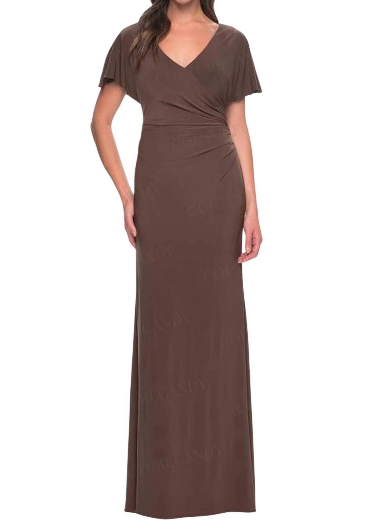Flutter Sleeve Jersey Formal Maxi Dress In Cocoa
