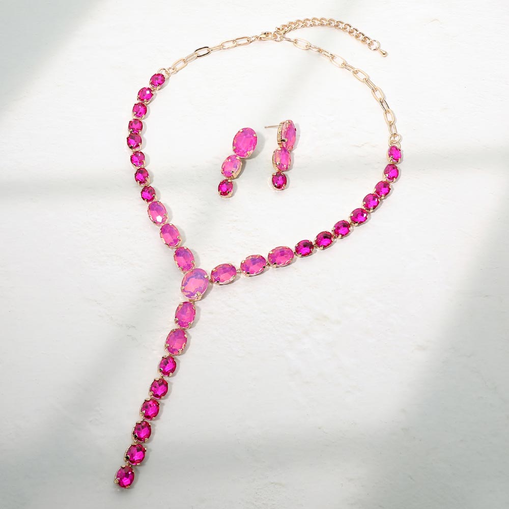 Faceted Oval Gem Link Y Drop Statement Necklace