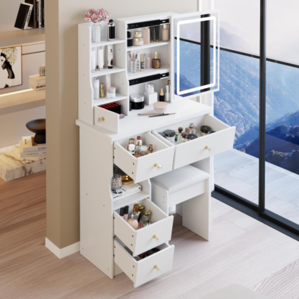 Compact Vanity Desk with Touch-Control LED Mirror and Stool