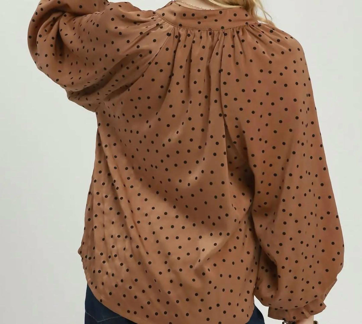 Gianna Polka Dot Tie Neck Top In Brown