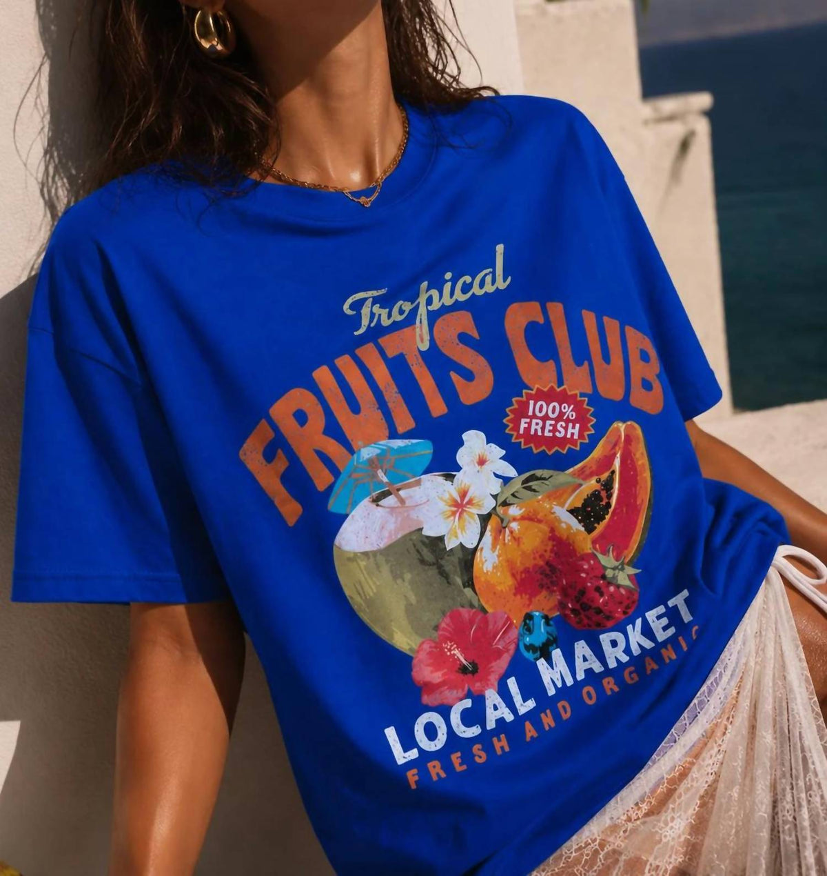 Tropical Fruits Club Graphic Tee In Electric Blue