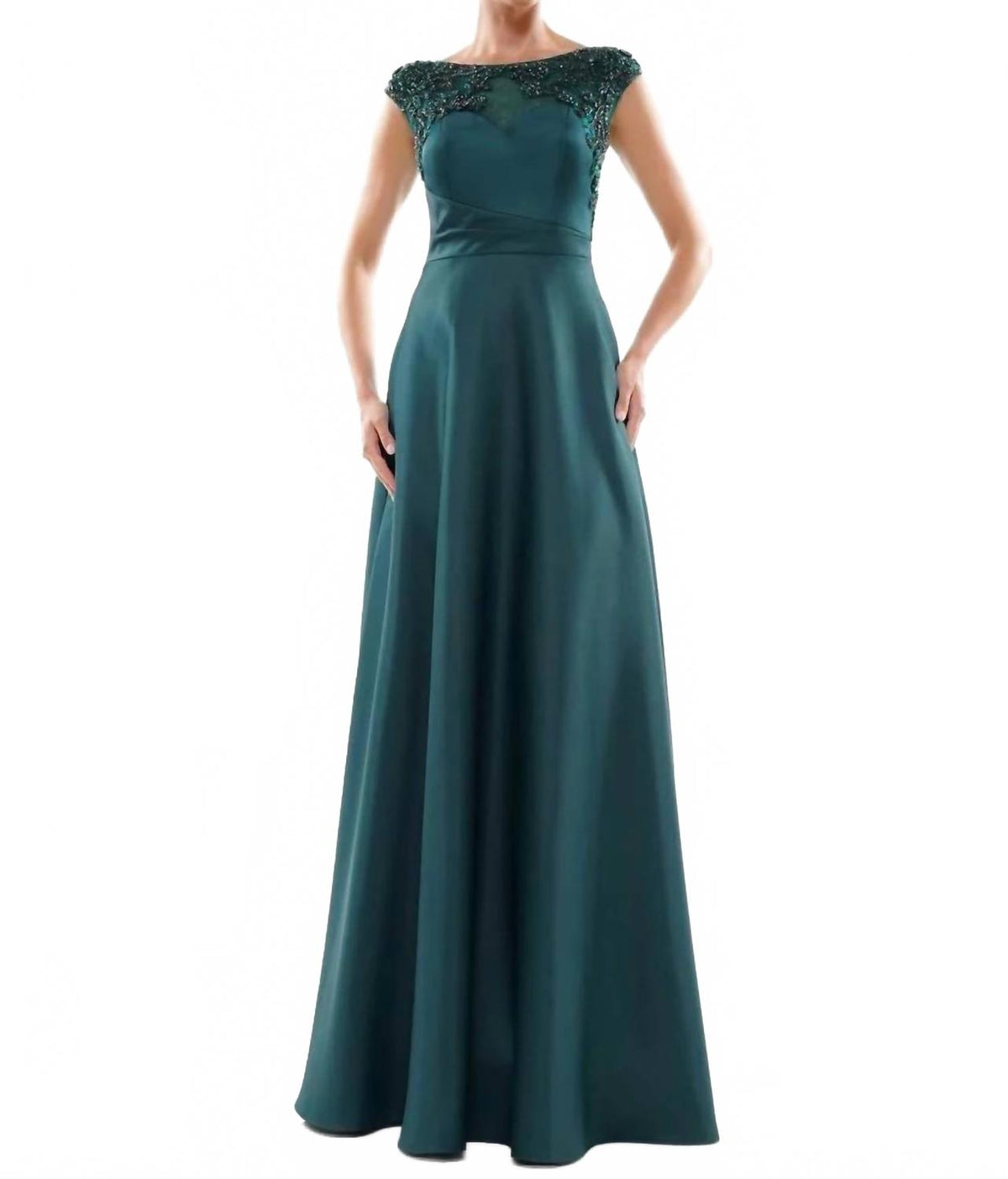 Sweetheart Bodice A-Line Gown With Beaded Illusion Bateau Neckline In Deep Green