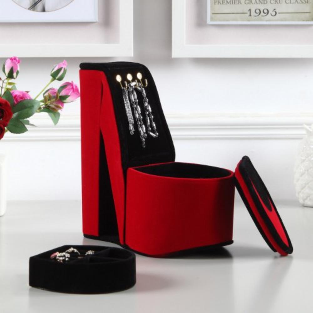 Velvet Shoe-Shaped Jewelry Box with Ring Compartments
