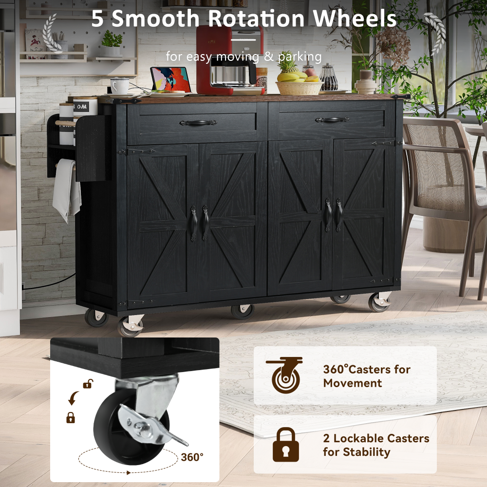 Farmhouse Kitchen Island on Wheels with Drop Leaf, Drawer, and Functional Storage