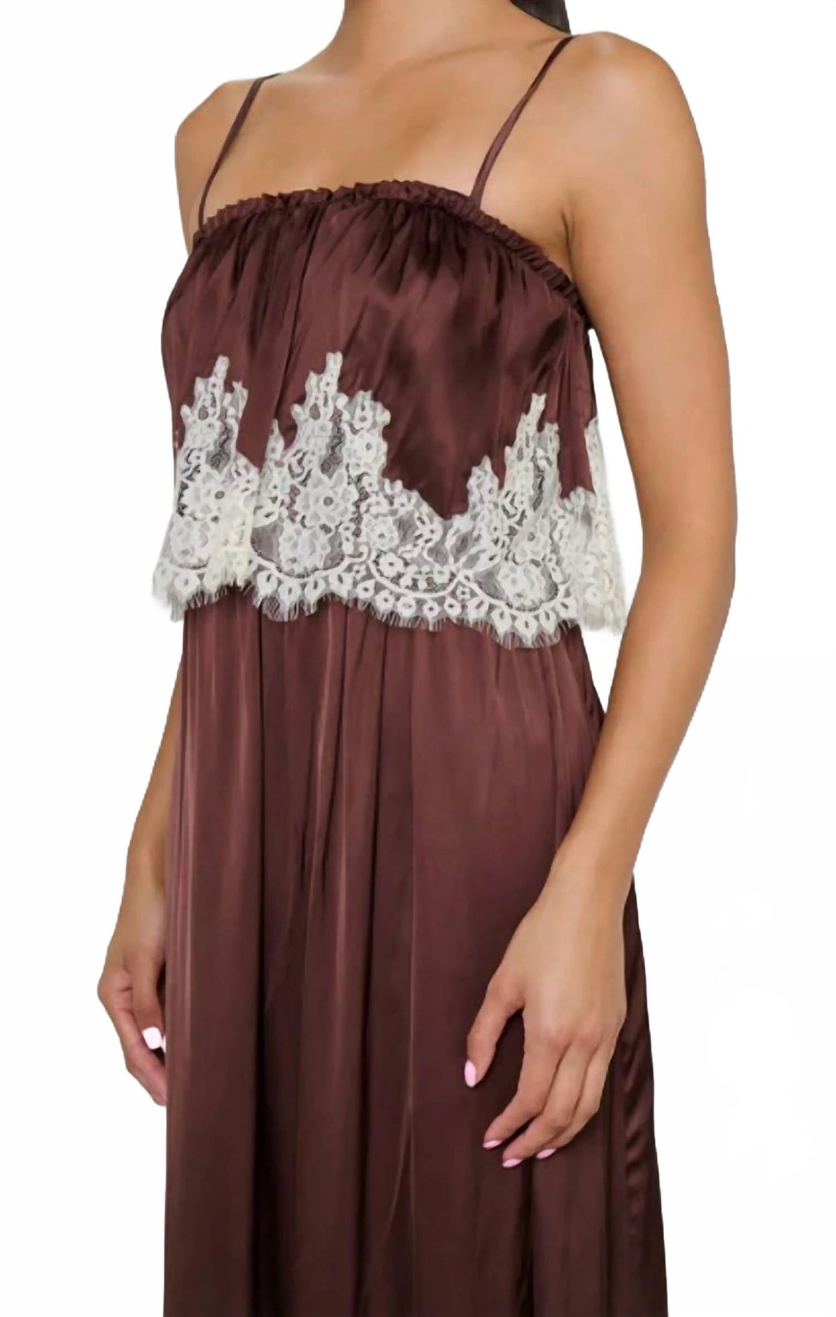 Emmylou Maxi Dress In Chocolate Satin With Lace Trim