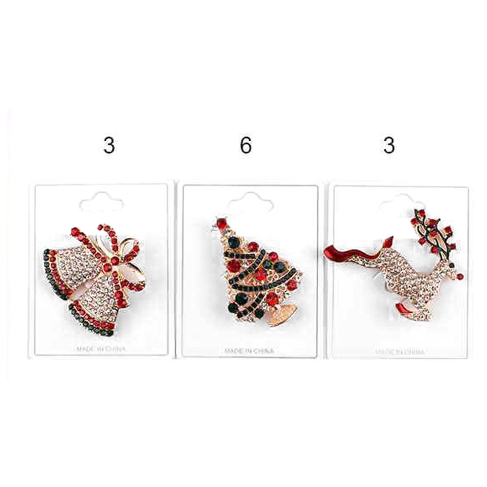 12PCS - Rhinestone Pave Christmas Bell Tree Reindeer Pin Brooches