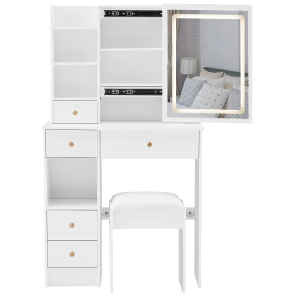 Compact Vanity Desk with Touch-Control LED Mirror and Stool