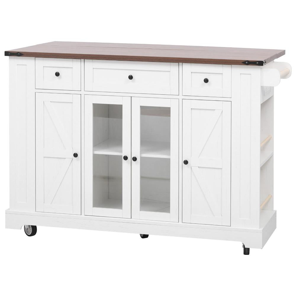 Farmhouse Kitchen Prep Island with Glass Cabinet Doors, Power Outlet, and Open Shelving