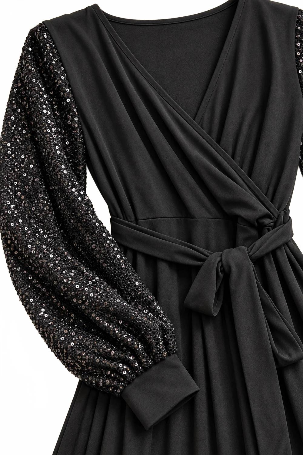 Women's Sequin Balloon Sleeve Wrap Maxi Dress In Black