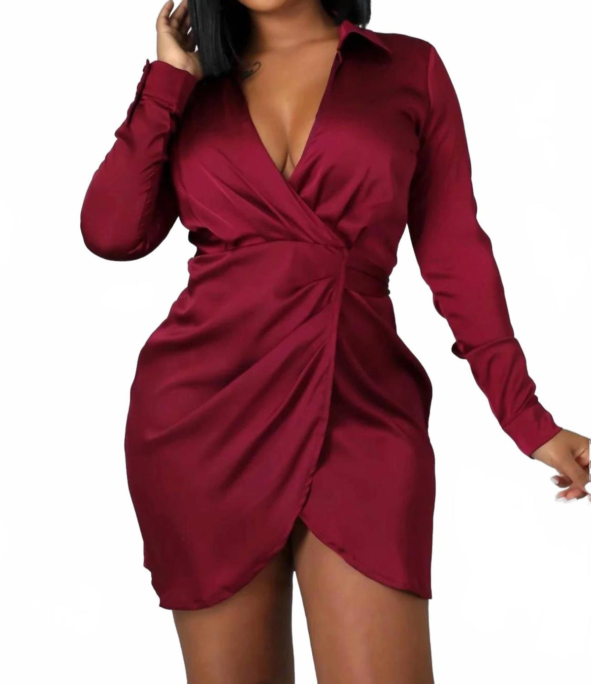 Divina Wrap Satin Mini Dress In Burgundy