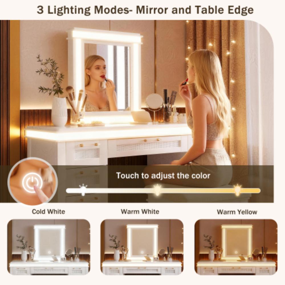 Bedroom Vanity Table with Cushioned Seat and LED Strips