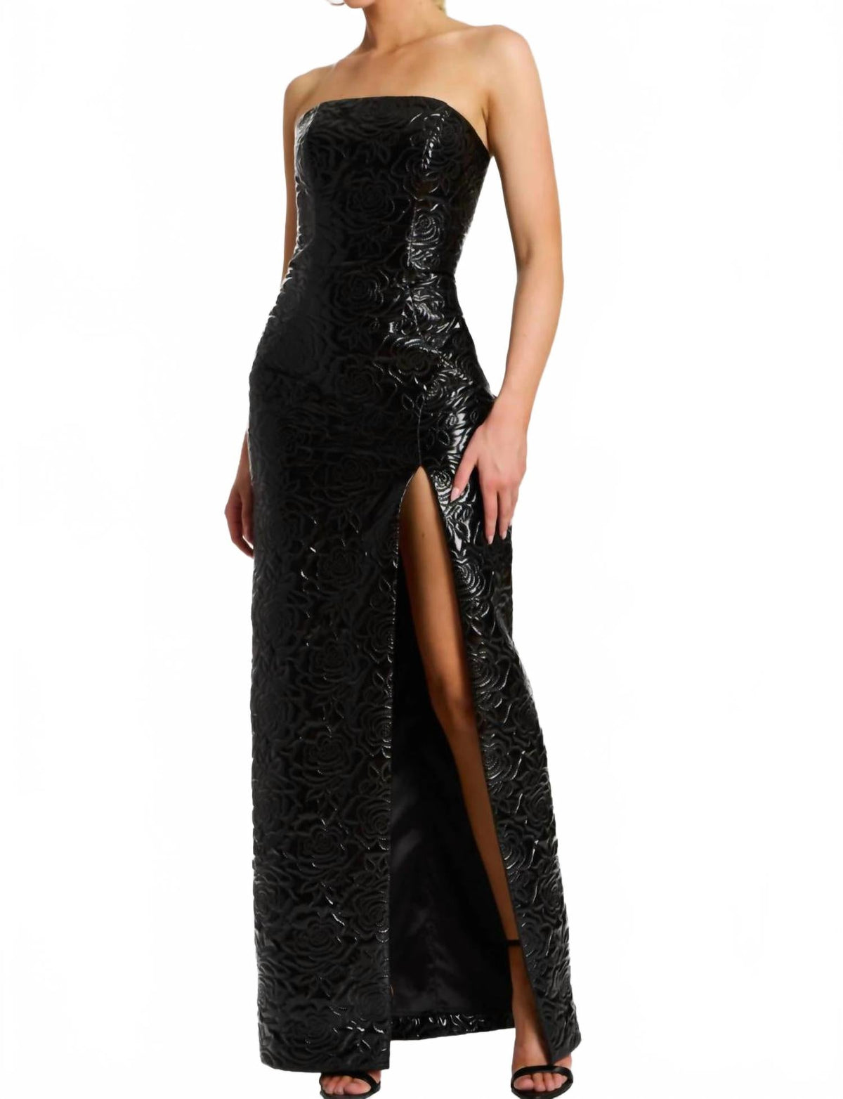 Strapless Glossy Floral Textured Gown In Black