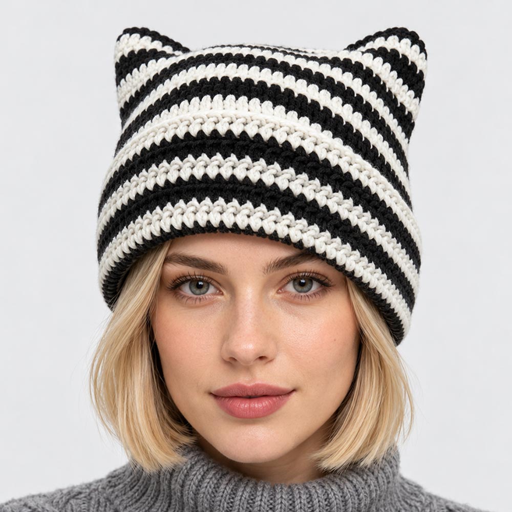 Striped Crochet Cat Ear Winter Beanie Hat