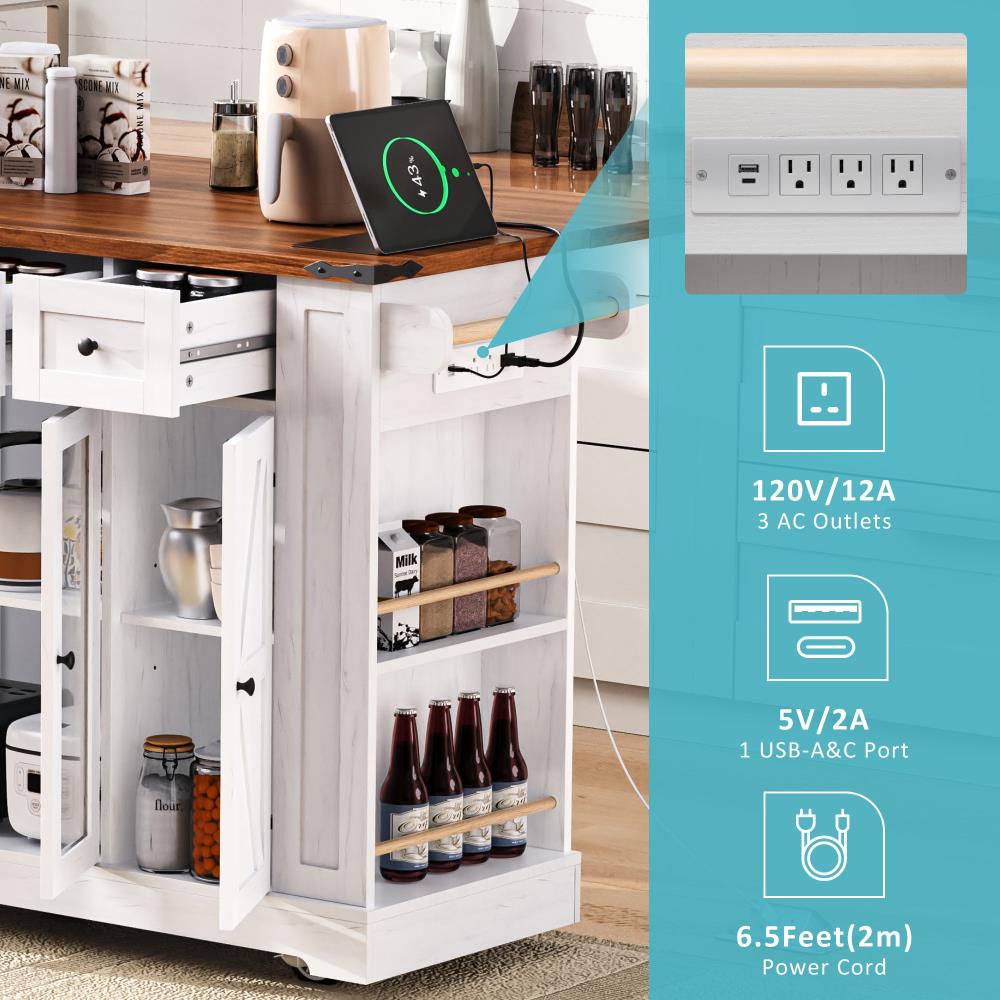 Farmhouse Kitchen Prep Island with Glass Cabinet Doors, Power Outlet, and Open Shelving