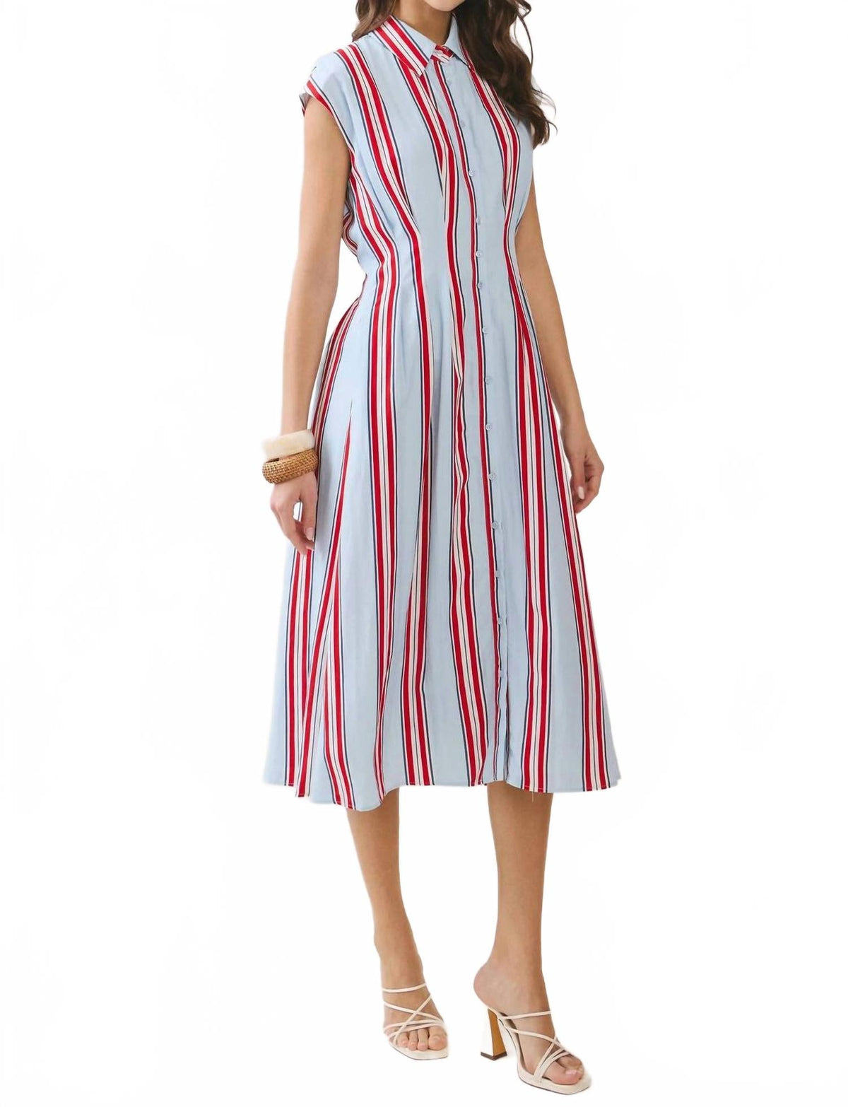 Fitted Bodice Striped Button Down Midi Dress In Red/blue