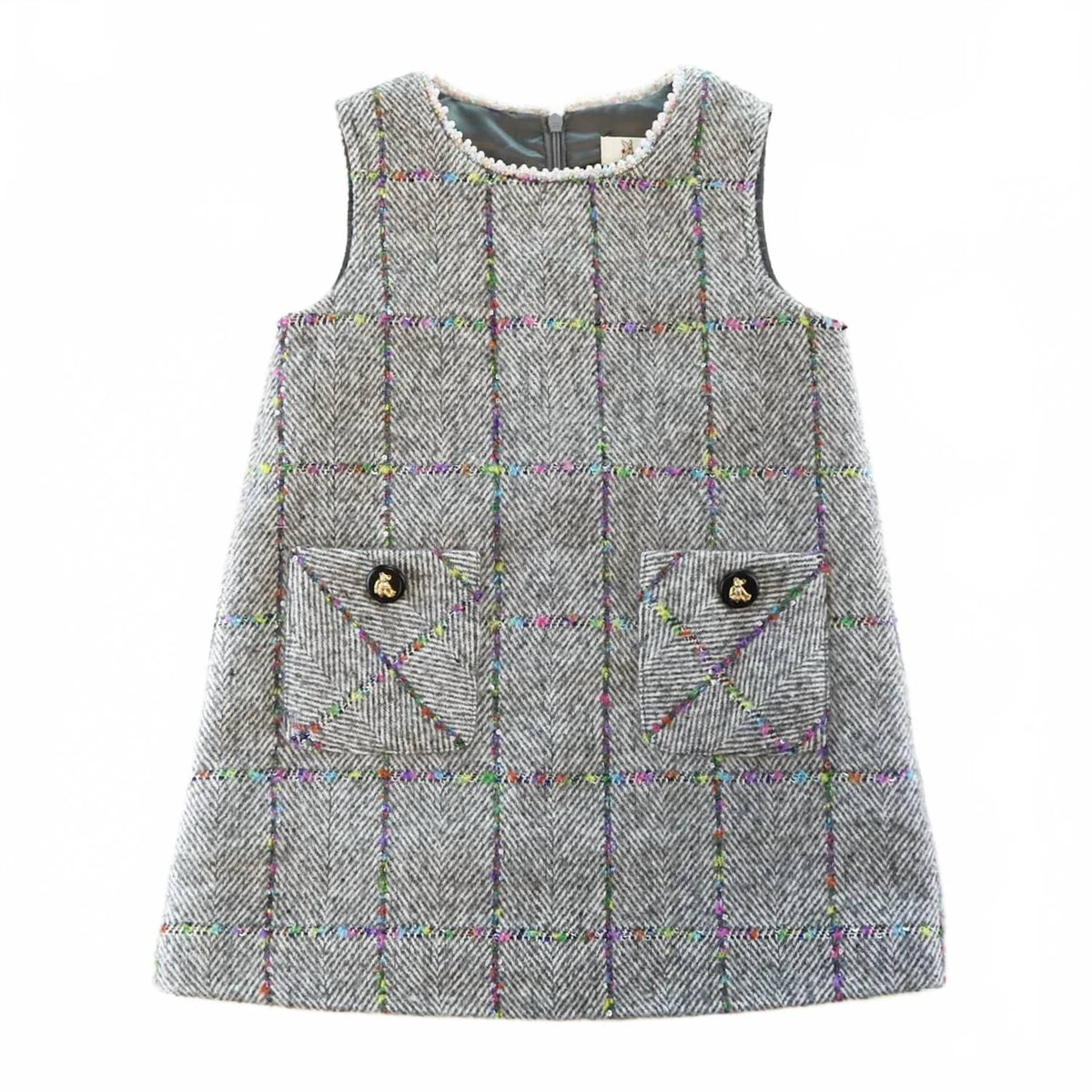 Girls Herringbone Wooly Dress In Grey