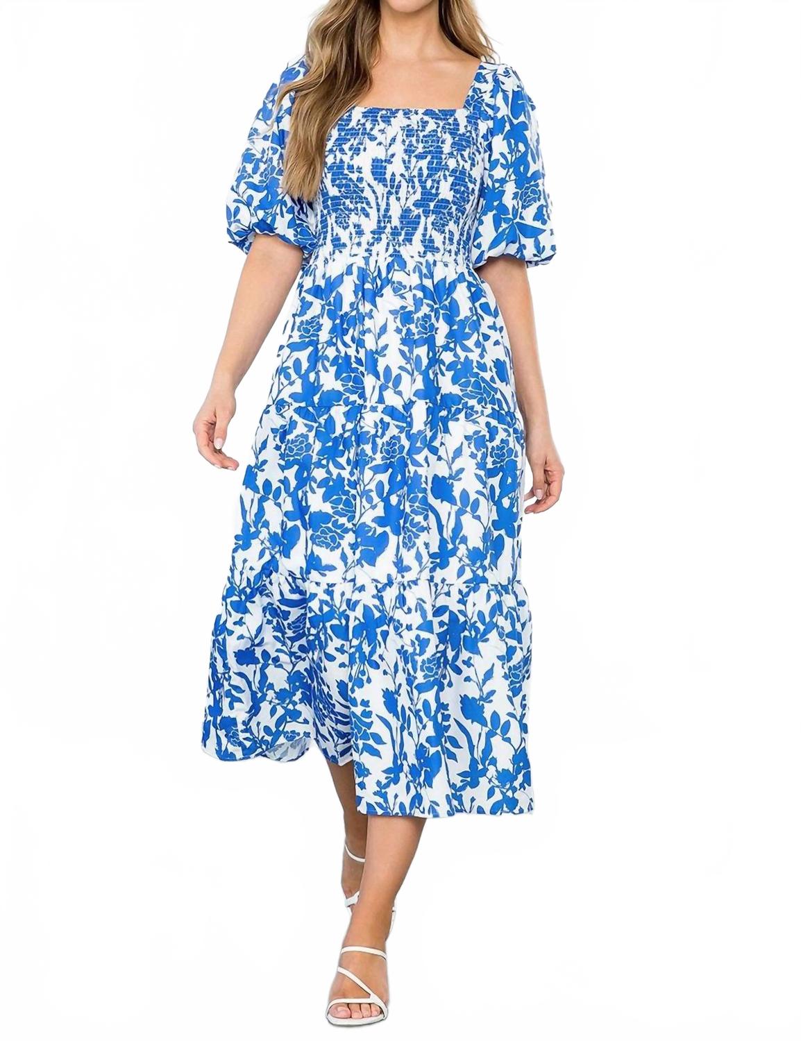 Puff Sleeve Floral Midi Dress In Blue