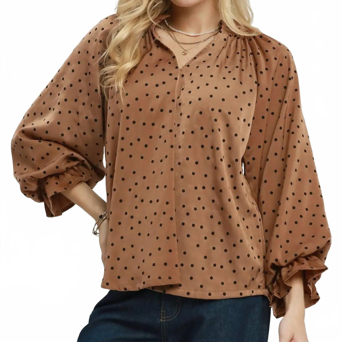 Gianna Polka Dot Tie Neck Top In Brown