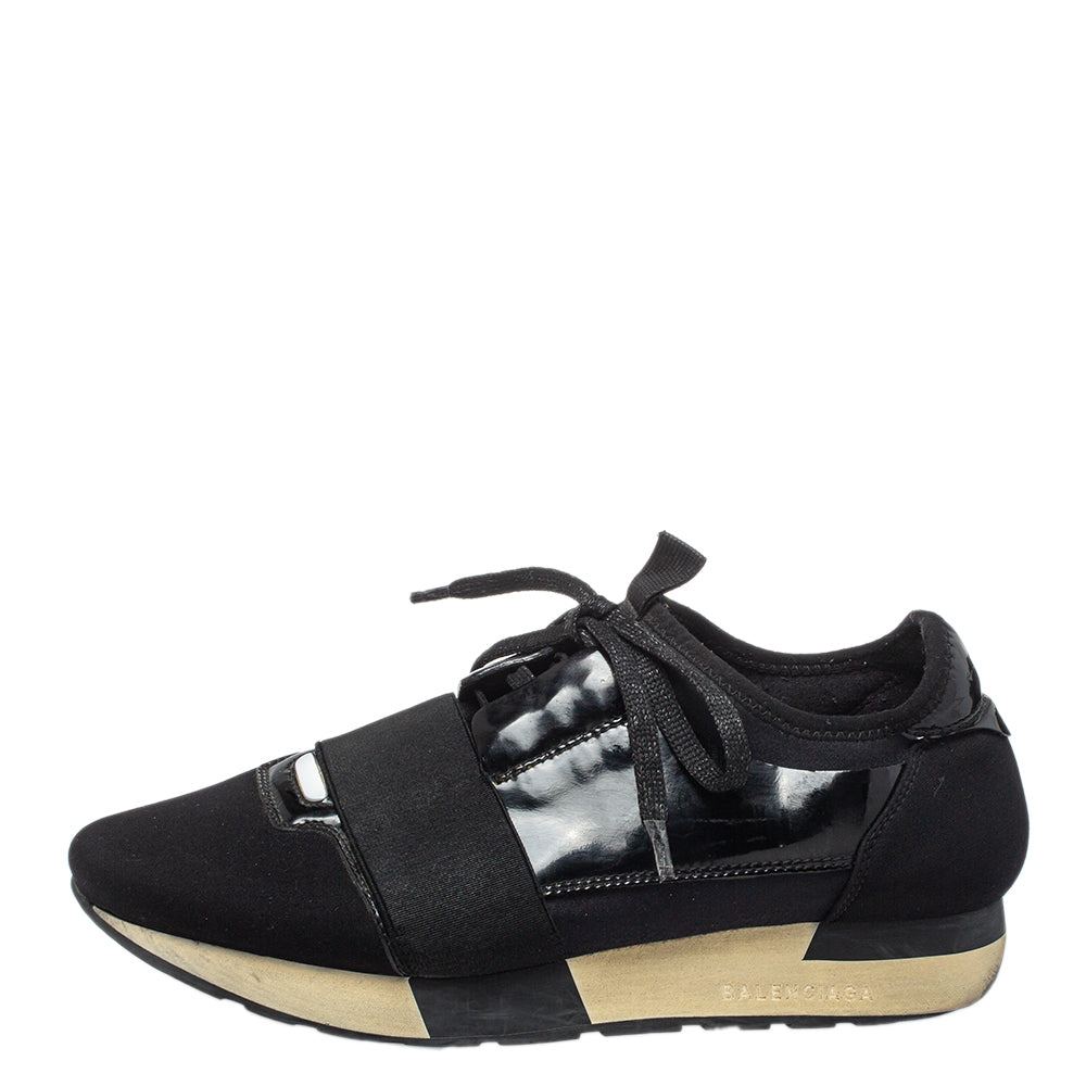 Balenciaga Black Patent Leather And Neoprene Race Runner Low Top Sneakers Size 38