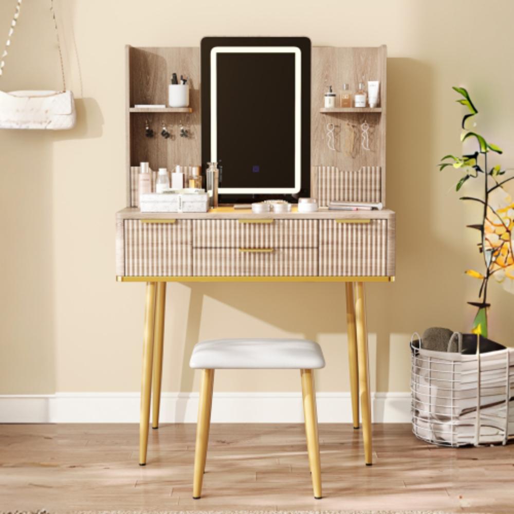 Carved Makeup Desk with Metal Legs and Cushioned Stool