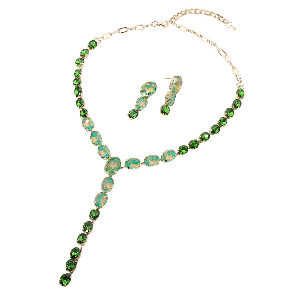 Faceted Oval Gem Link Y Drop Statement Necklace