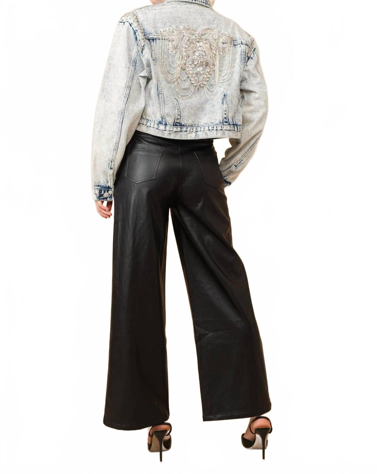 Acid Washed Shoulder Beading Denim Jacket In Light Wash