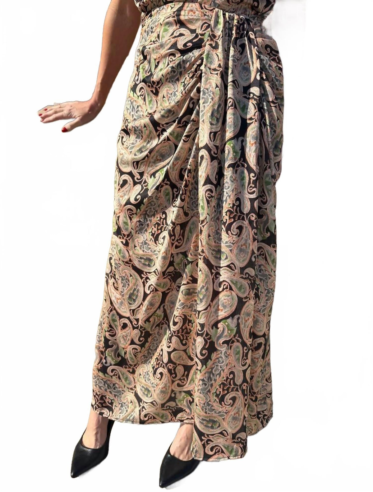 Posh Paisley Draped Faux Wrap Midi Skirt In Multicolor