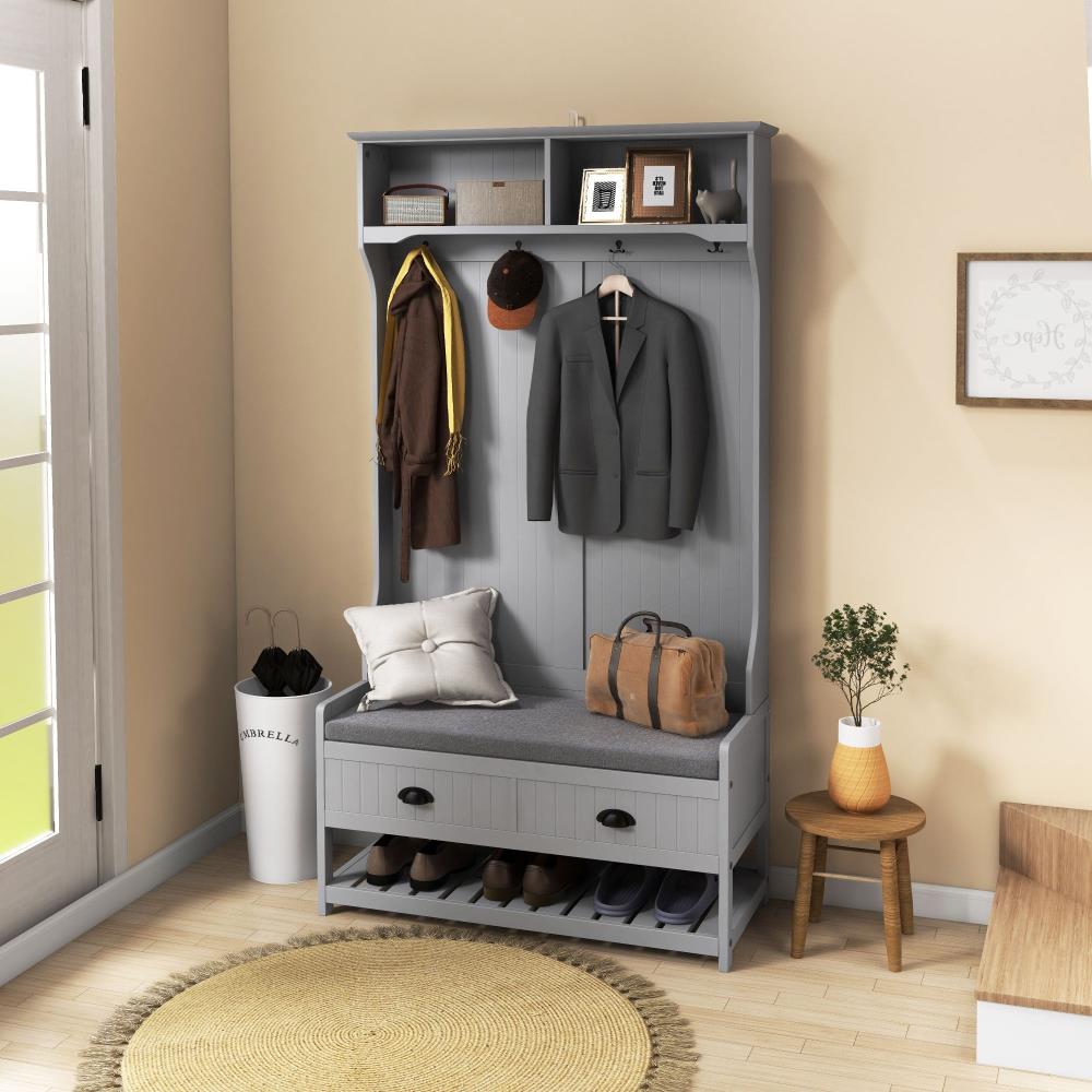 3-in-1 Hall Tree with Entryway Bench, Shoe Rack and Coat Hooks