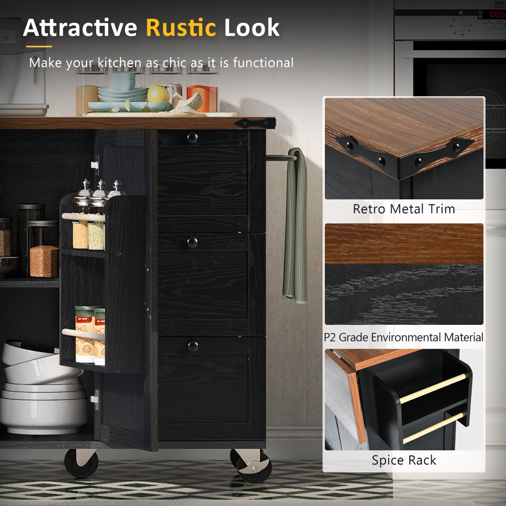 Farmhouse Kitchen Prep Island with Power Outlet and Convenient Spice Storage