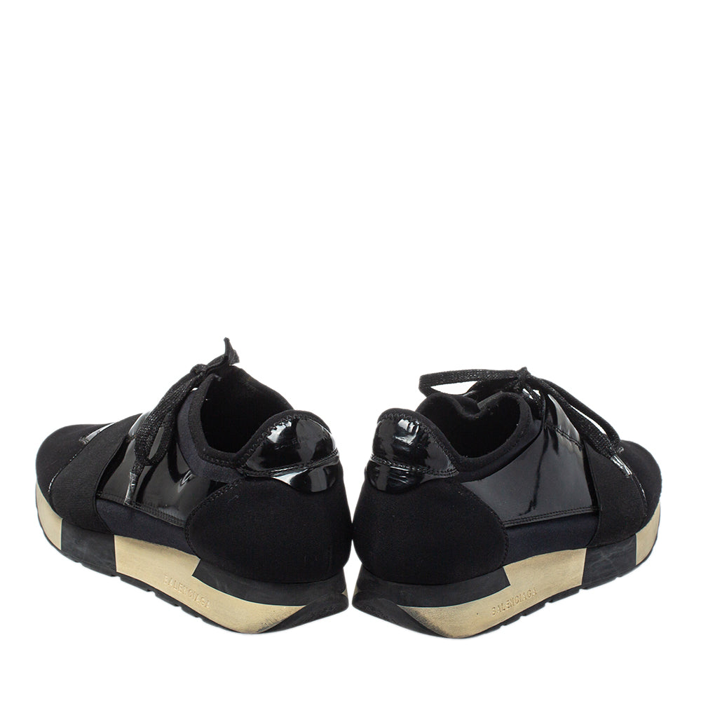 Balenciaga Black Patent Leather And Neoprene Race Runner Low Top Sneakers Size 38
