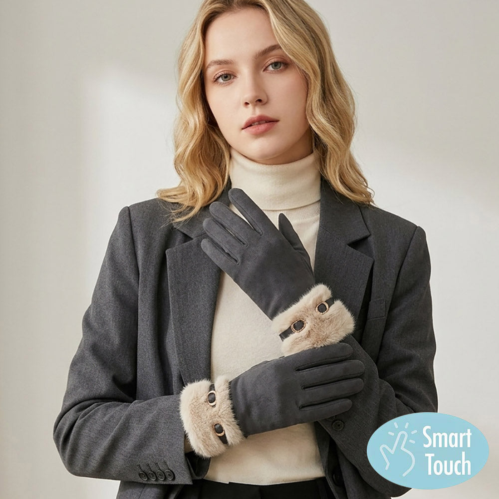 Belt Accent Faux Fur Cuff Trim Smart Touch Gloves