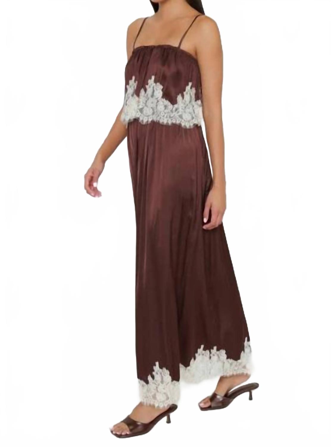 Emmylou Maxi Dress In Chocolate Satin With Lace Trim
