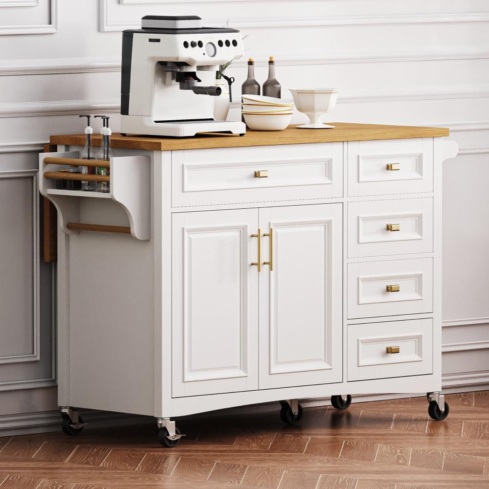 Embossed Kitchen Island with Five Drawers, Double Doors, and Extra Workspace