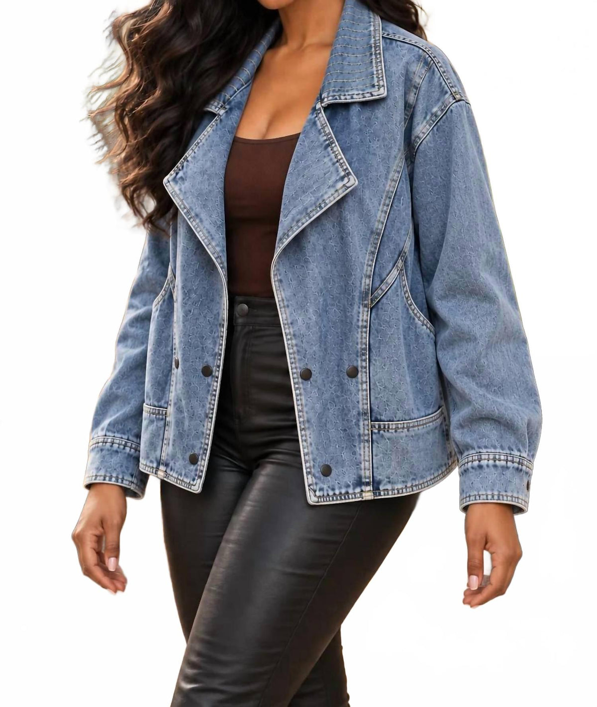 Women's Double Breasted Acid Wash Denim Jacket In Blue