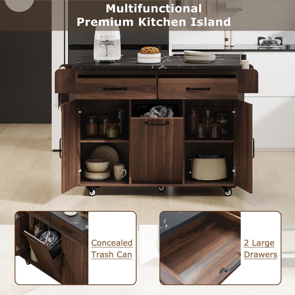 Kitchen Prep Island with Hidden Trash Can Cabinet and Adjustable Storage Shelf