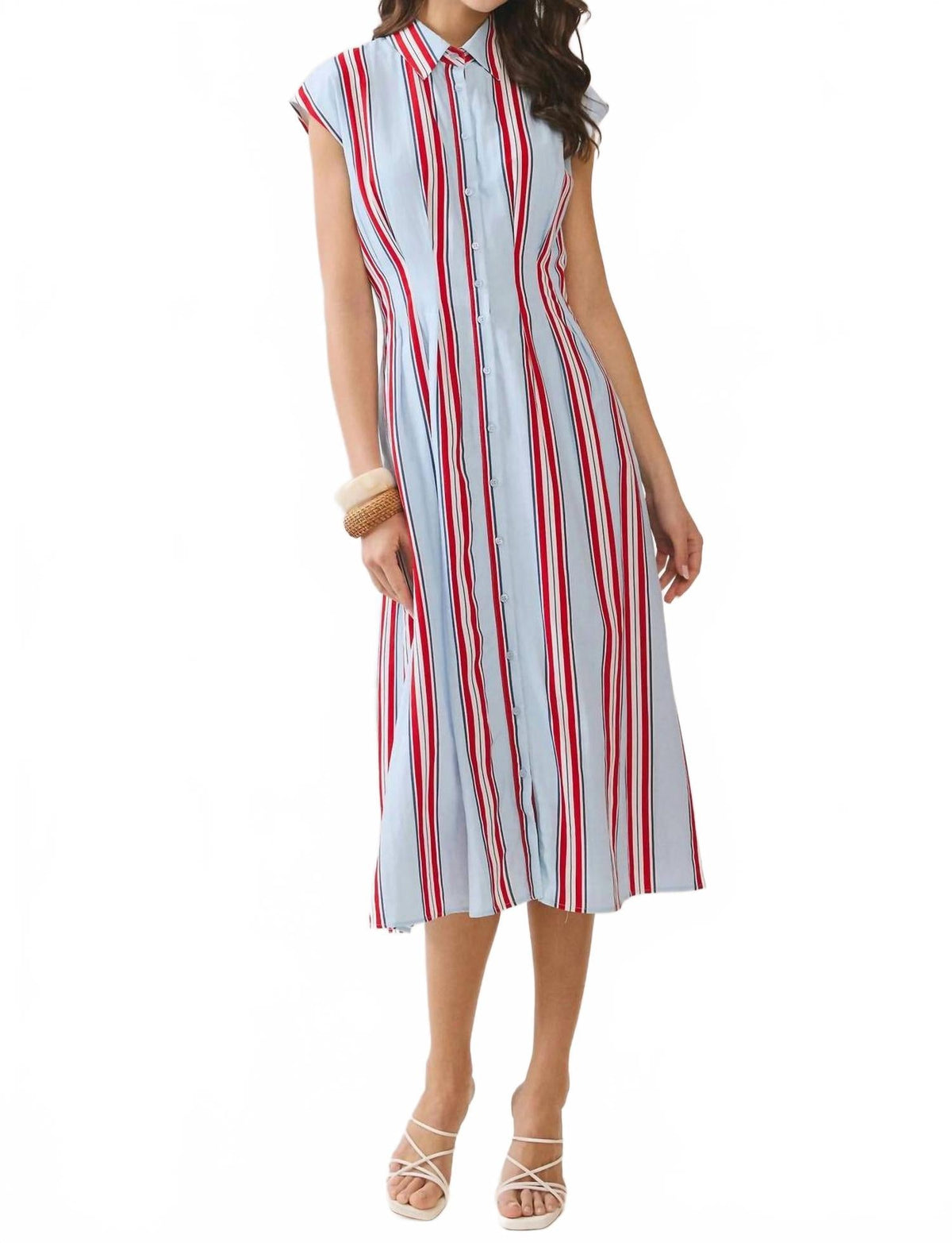 Fitted Bodice Striped Button Down Midi Dress In Red/blue