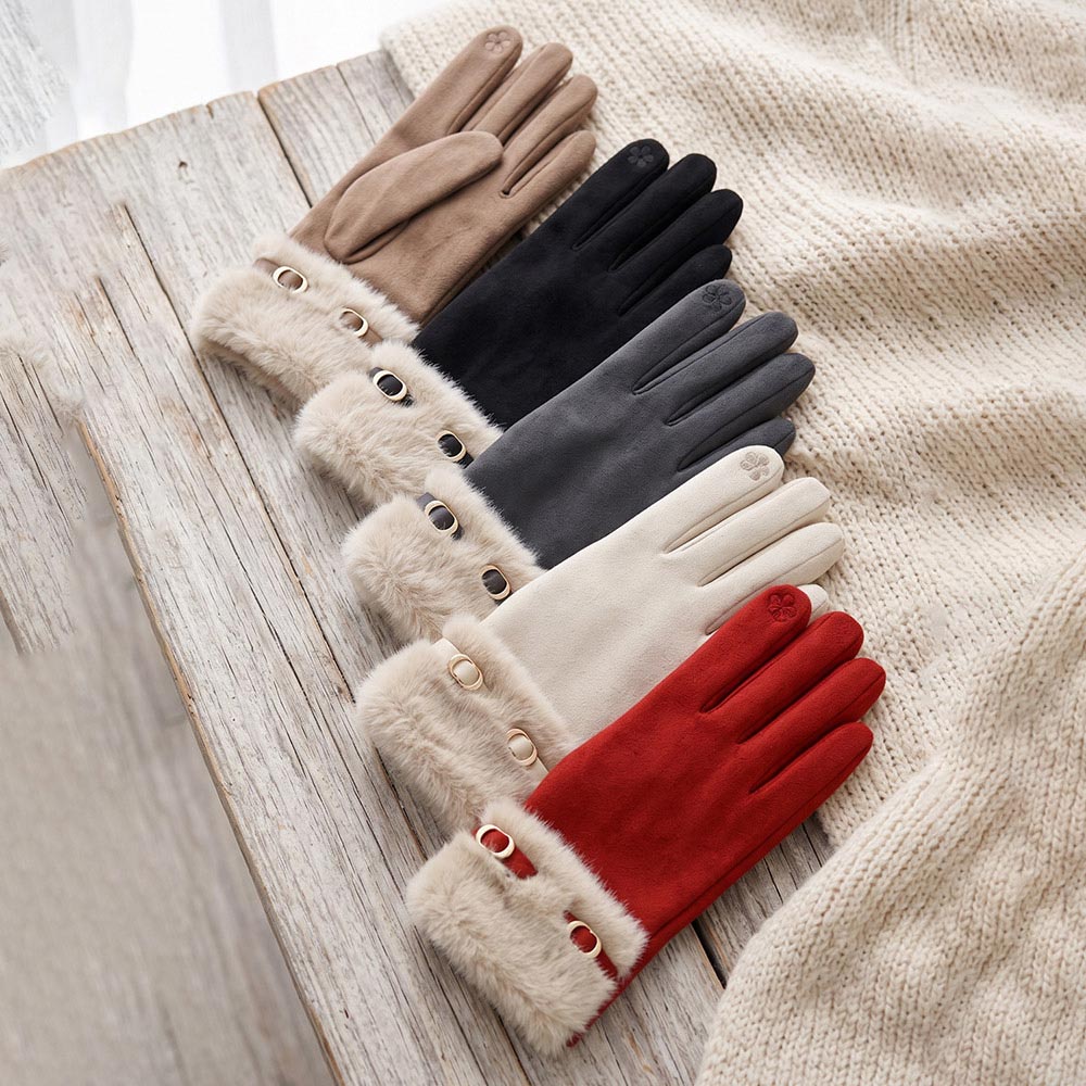 Belt Accent Faux Fur Cuff Trim Smart Touch Gloves