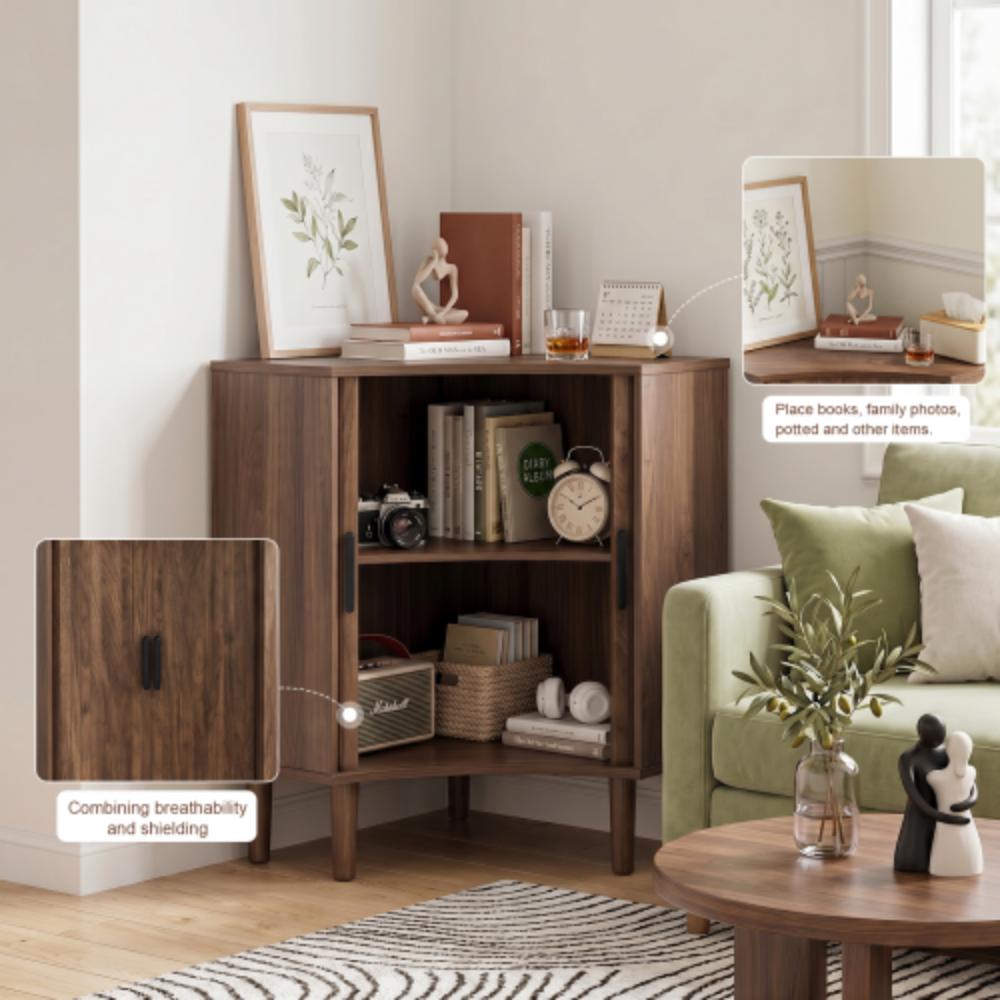 Small Corner Floor Cabinet with Fluted Wooden Design