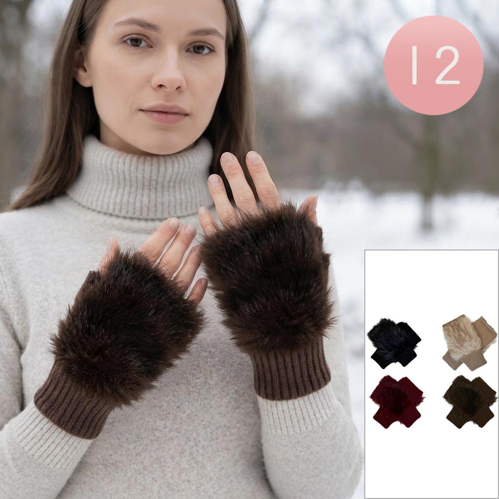 12Pairs - Faux Fur Fingerless Gloves