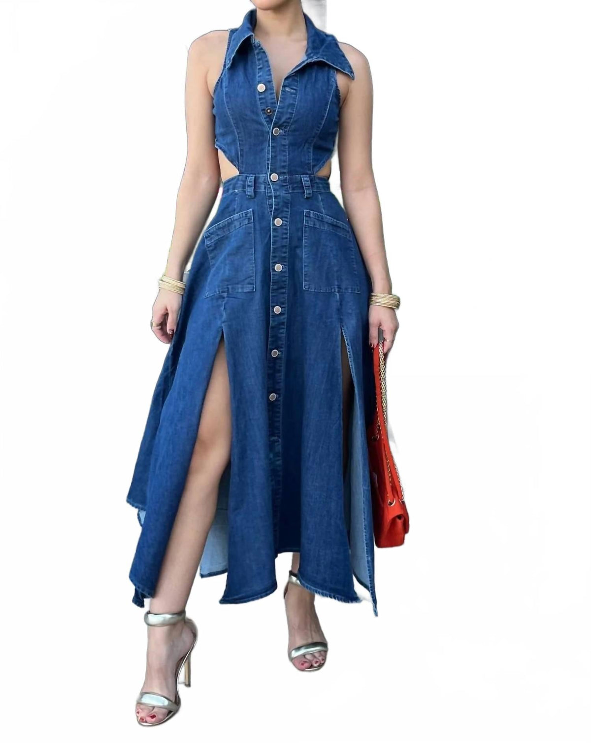 Symphony Cutout Denim Midi Dress In Dark Wash
