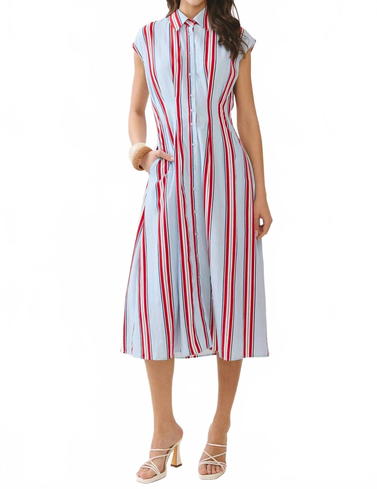 Fitted Bodice Striped Button Down Midi Dress In Red/blue