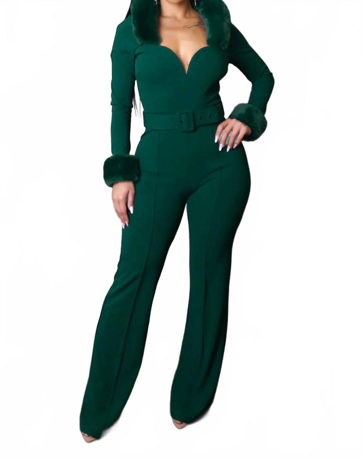 Odette Fur Trim Jumpsuit In Green