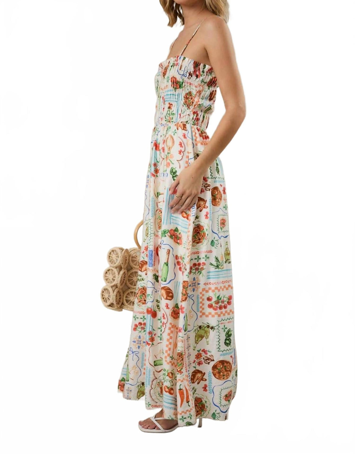Vacation Floral Smocked Maxi Dress In White Multi
