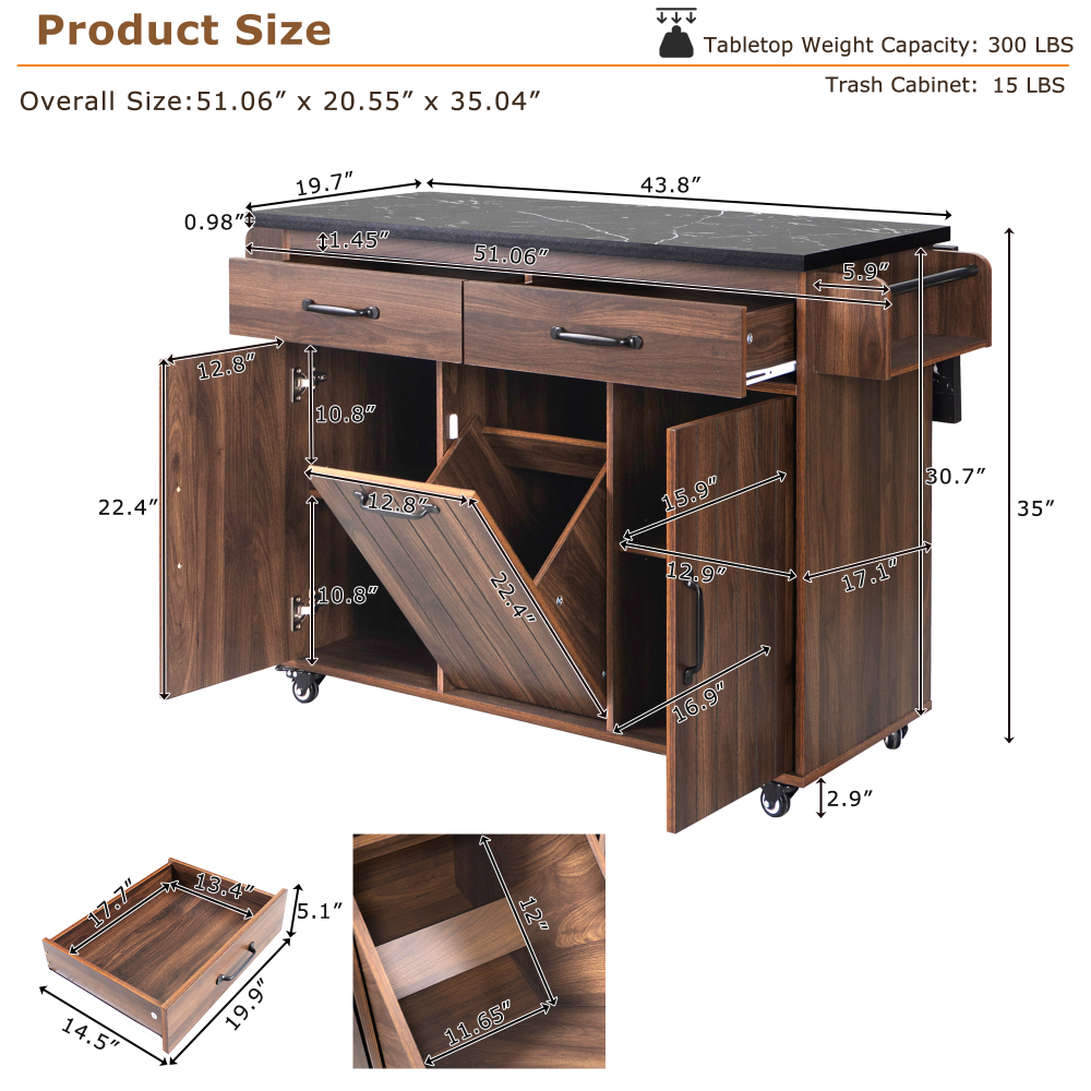 Kitchen Prep Island with Hidden Trash Can Cabinet and Adjustable Storage Shelf
