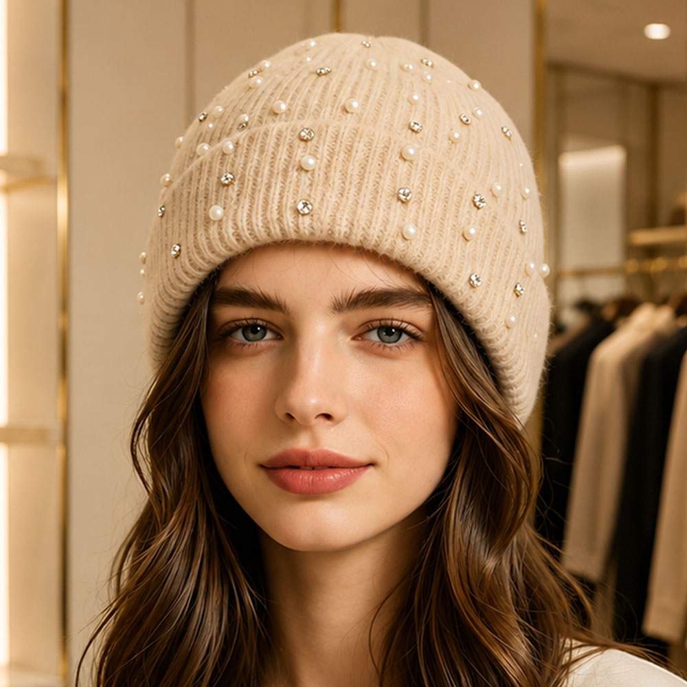 Pearl Rhinestone Embellished Ribbed Knit Winter Beanie Hat