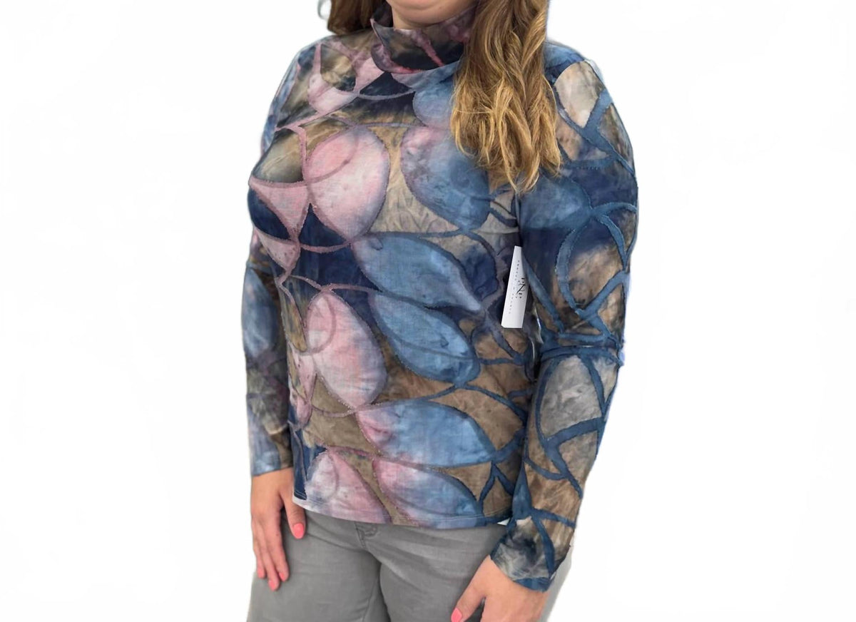 Printed Mock Neck Mesh Top In Blue